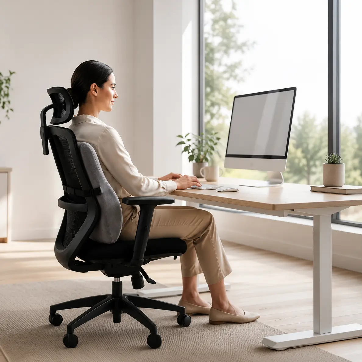 A person working comfortably on a laptop raised to eye level on a PALO stand
